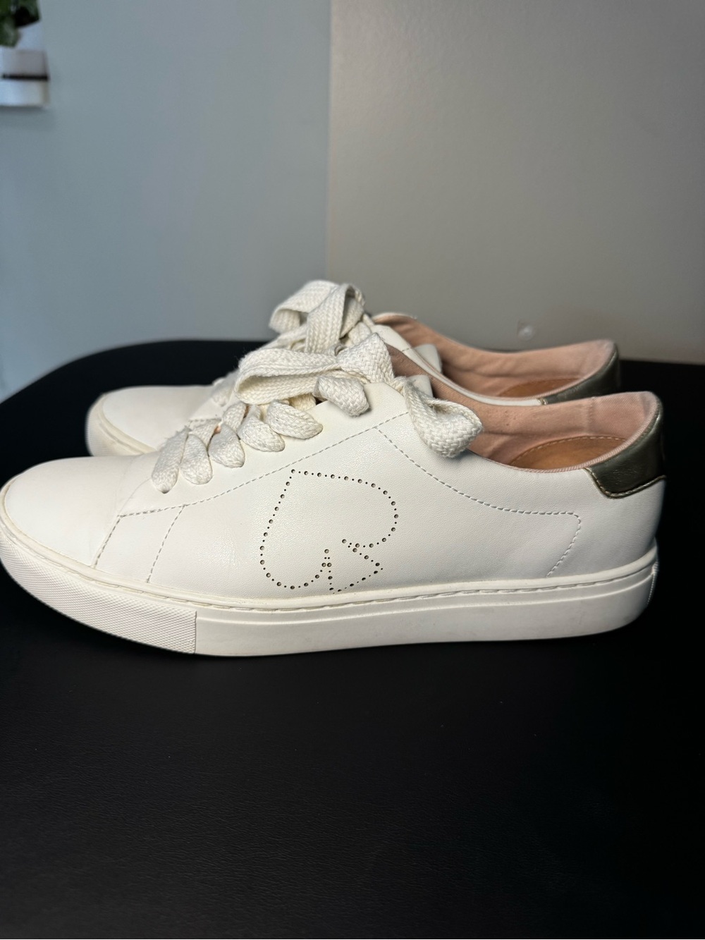 Kate Spade New York White Leather Low Top Lace-Up Sneakers Gold Heel Logo